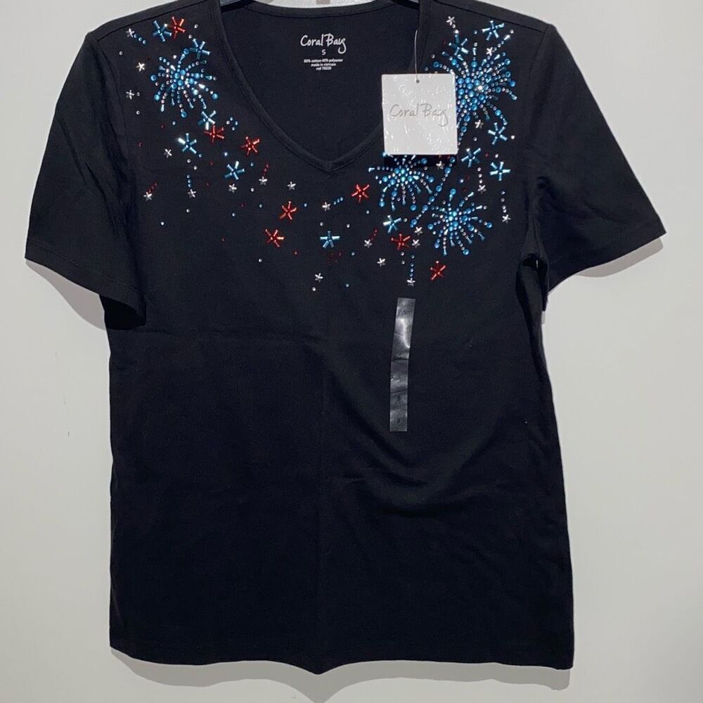 Coral Bay Womens Black Embellished Fireworks Short Sleeve T-Shirt Size Small NWT